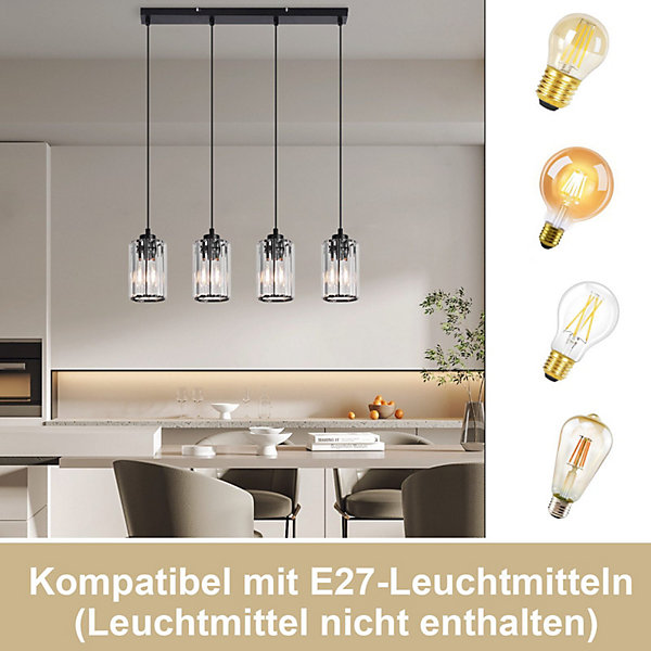 NETTLIFE Lampe à Suspension Pour Table à Manger En Cristal Noir Moderne 4 Flammes E27