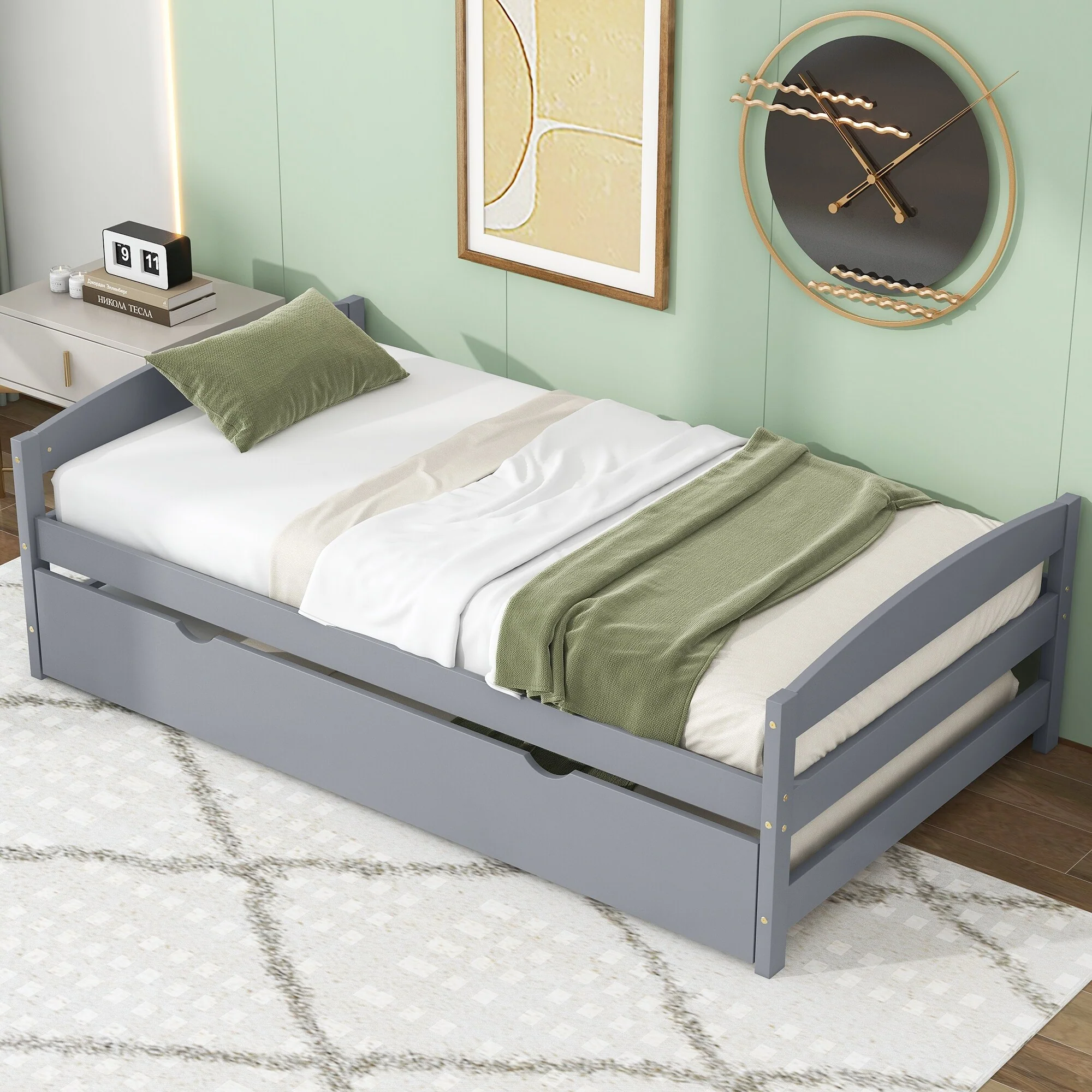Twin Platform Bed with Pull-Out Trundle, Sturdy Wood Frame, Ideal for Small Spaces