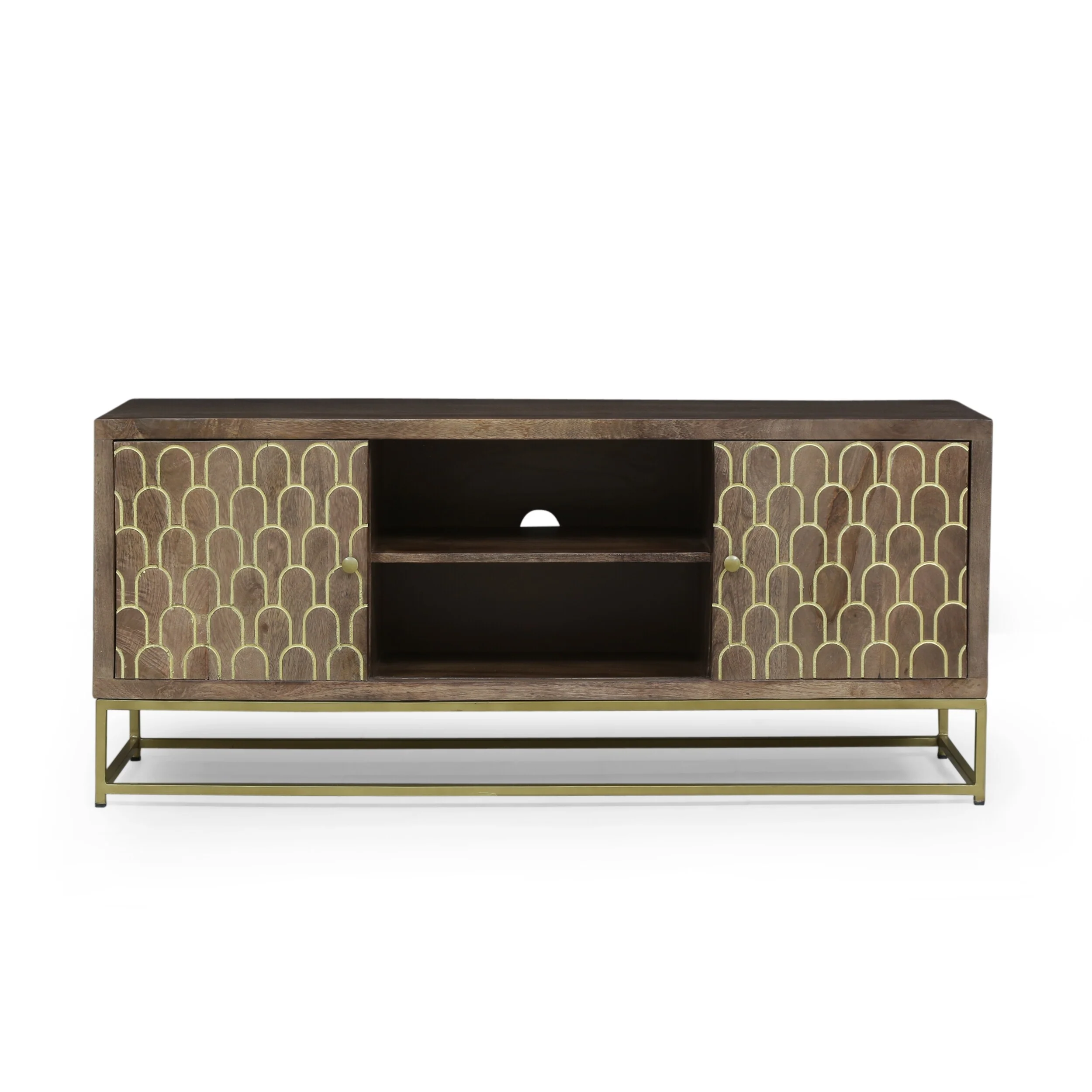 Walnut+Gold 51 TV Stand with 2 Shelves & 2 Cabinet Spaces for TVs Up to 53