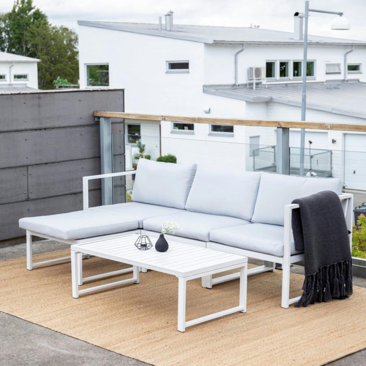 RICELLO - Salon de jardin moderne en aluminium avec coussins noir + gris