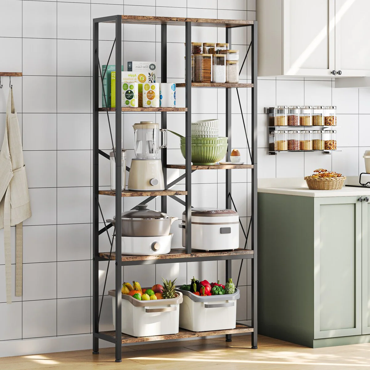 Industrial Bookshelf 6 Tier Tall Bookcase Vintage Standing Bookshelve