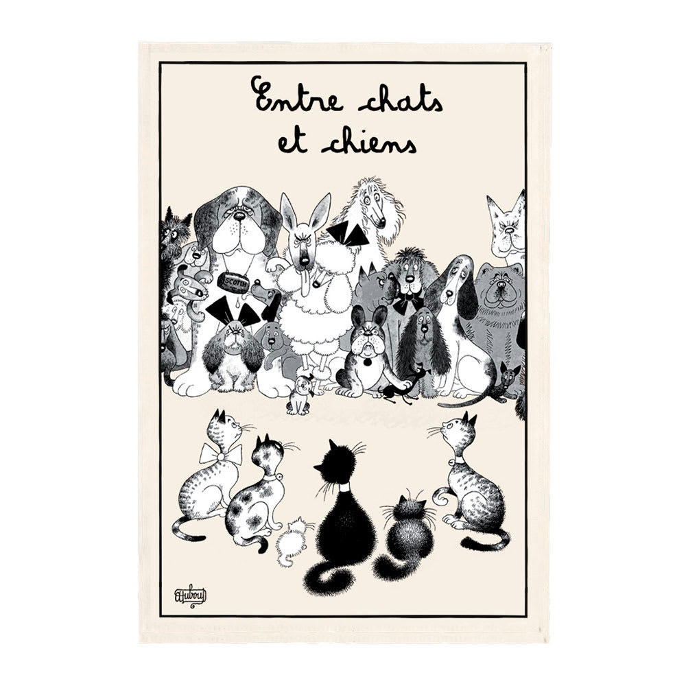 DUBOUT - Torchon  entre chats et chiens en coton ecru 48 x 72