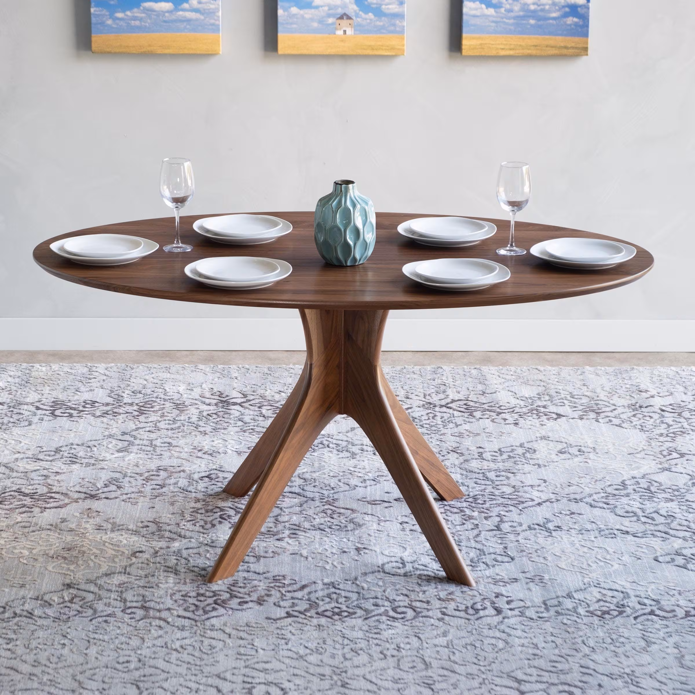 Oval Dining Table, Handmade with Midcentury Modern Walnut Pedestal Base: Available in Walnut, Cherry, Mahogany or Oak “Kapok”
