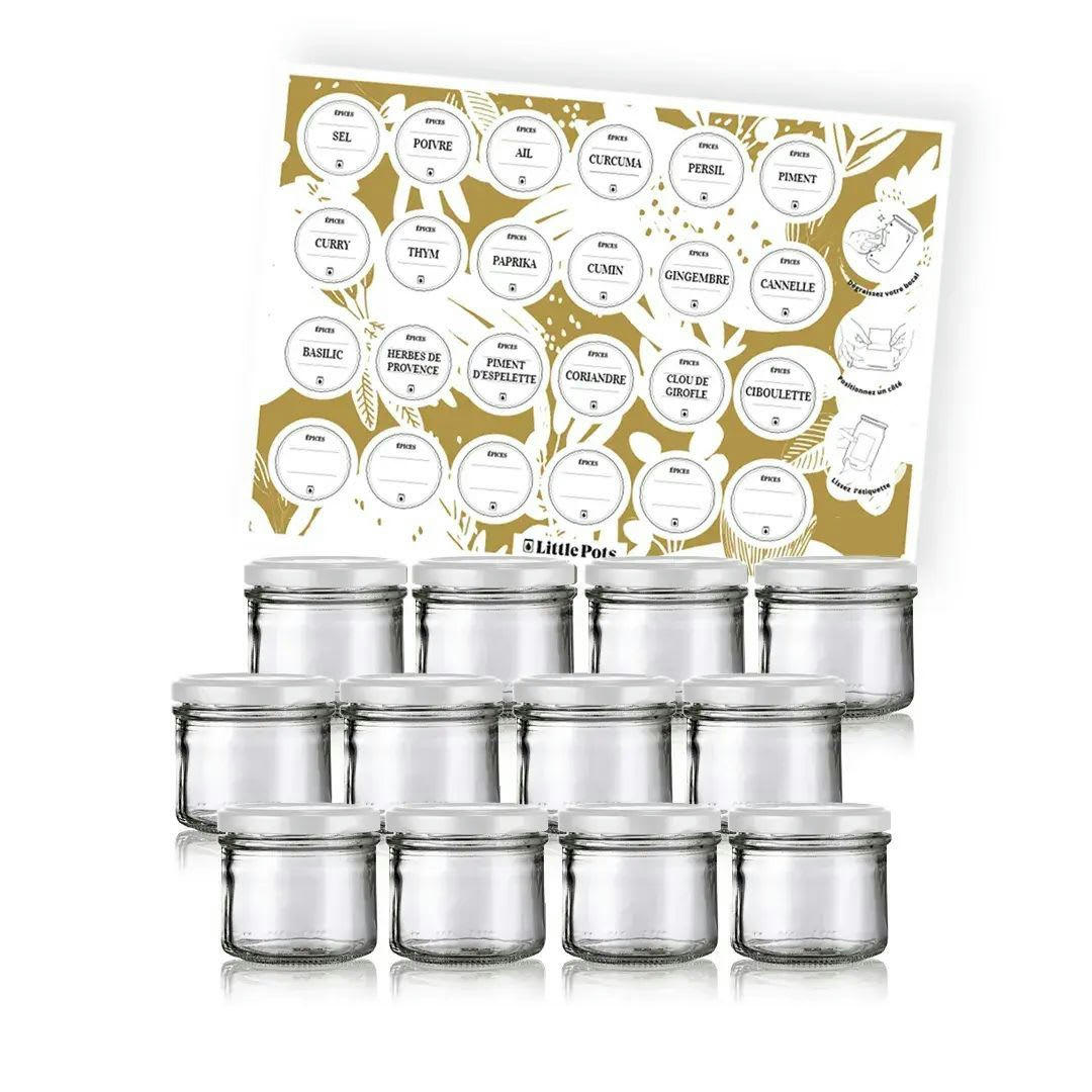 PACK EPICES - Pack épices - 12 pots 130ml couvercles blancs + étiquettes