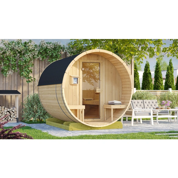 Fasssauna, 9,0 kW Bioaktivofen, LxB: 210,5x255,5 cm, naturfarben