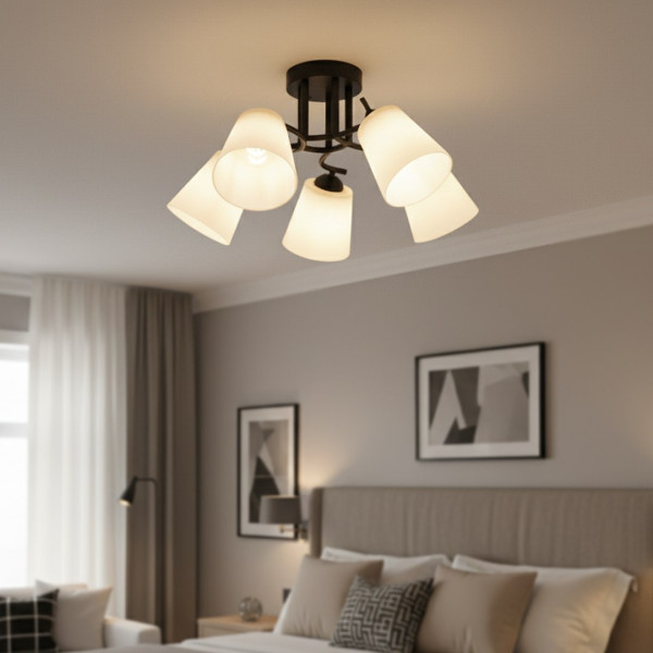 Lampa sufitowa Pafos 5xE27 czarna z białymi kloszami
