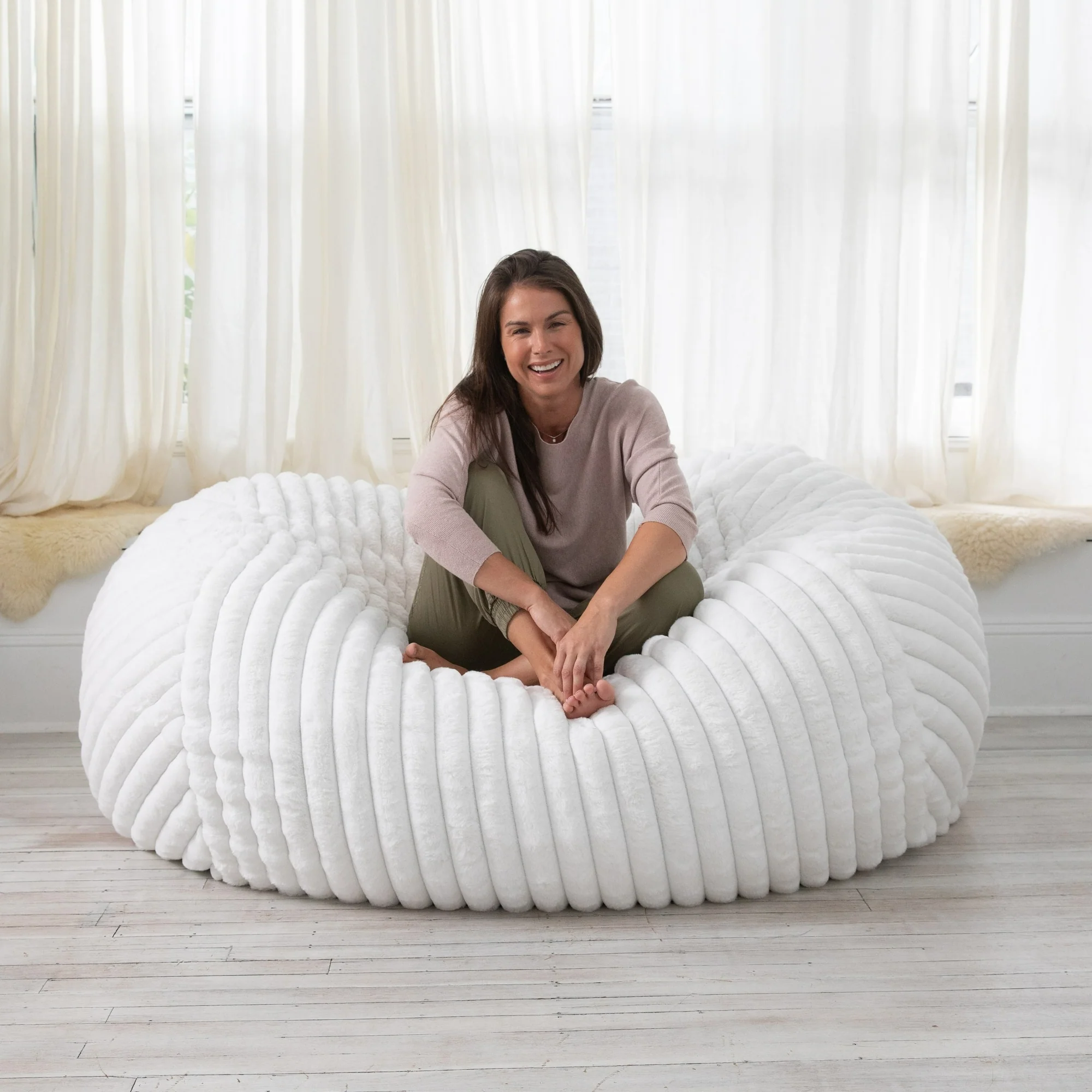 Plush Ribbed Faux Fur Bean Bag Loveseat - 64 - Cream