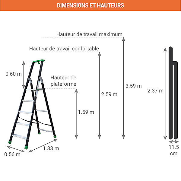 Escabeau anodisé 7 marches - Hauteur max. de travail 3.39m - Q50/7P