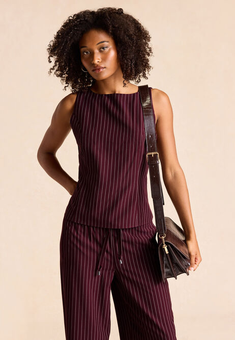 Womens Burgundy Stripe Short Sleeve Shell Top