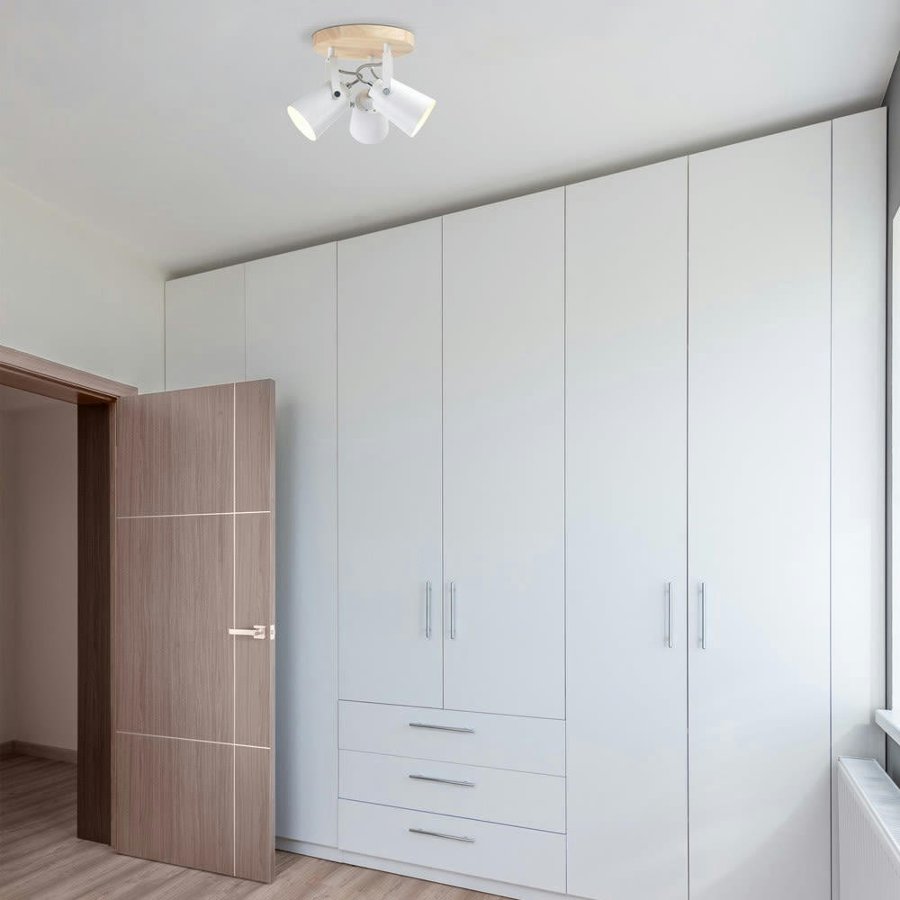 DERA - Plafonnier nordique en bois et 3 spots orientables en métal blanc