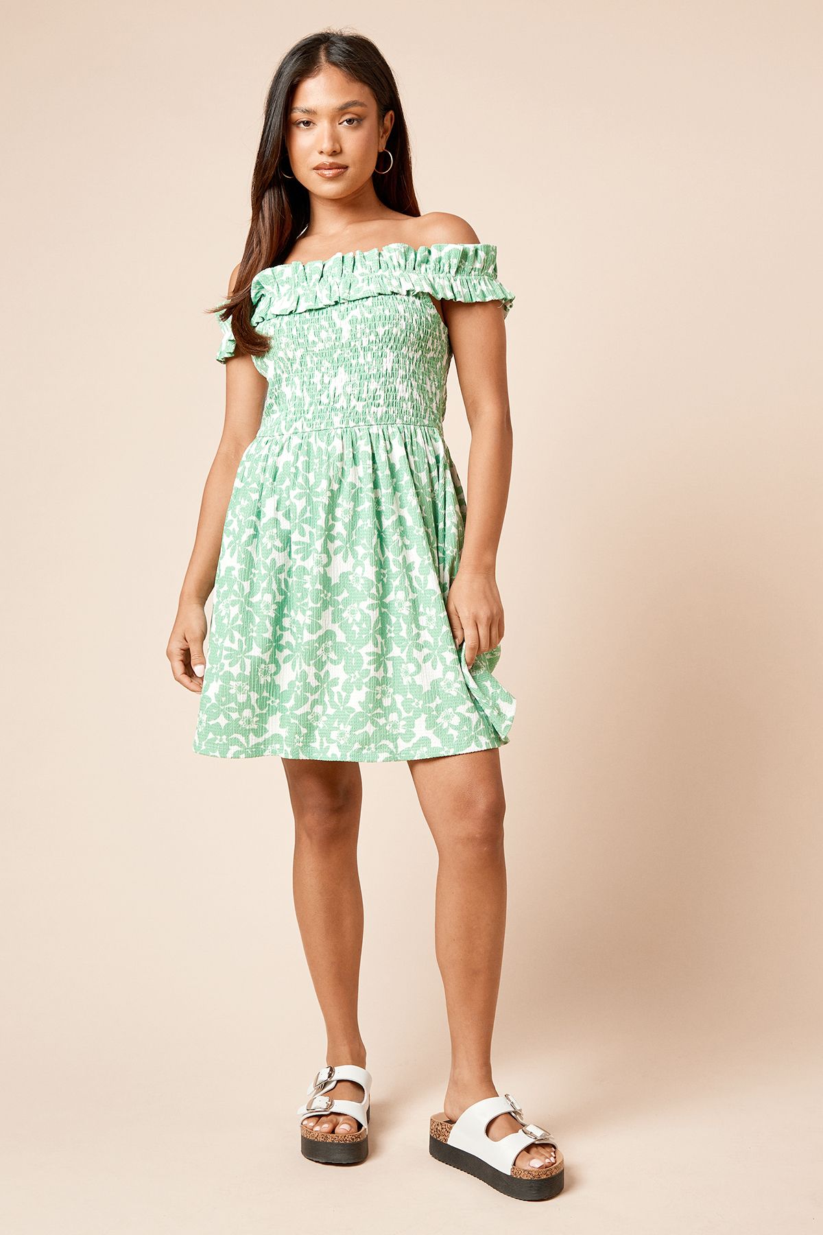 Dorothy Perkins Petite Green Floral Shirred Bodice Bardot Jersey Mini Dress