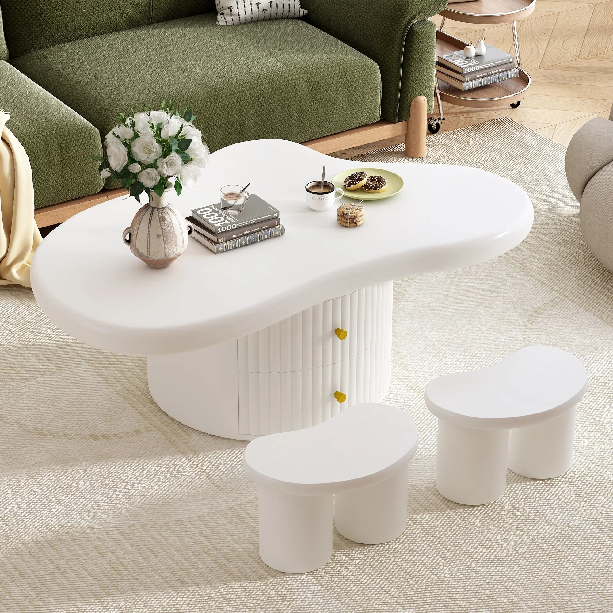 Cloud Coffee Table Set, Modern Decorative Storage Center Table with 2 Drawers, 2 Small Stools for Living Room, Lounge