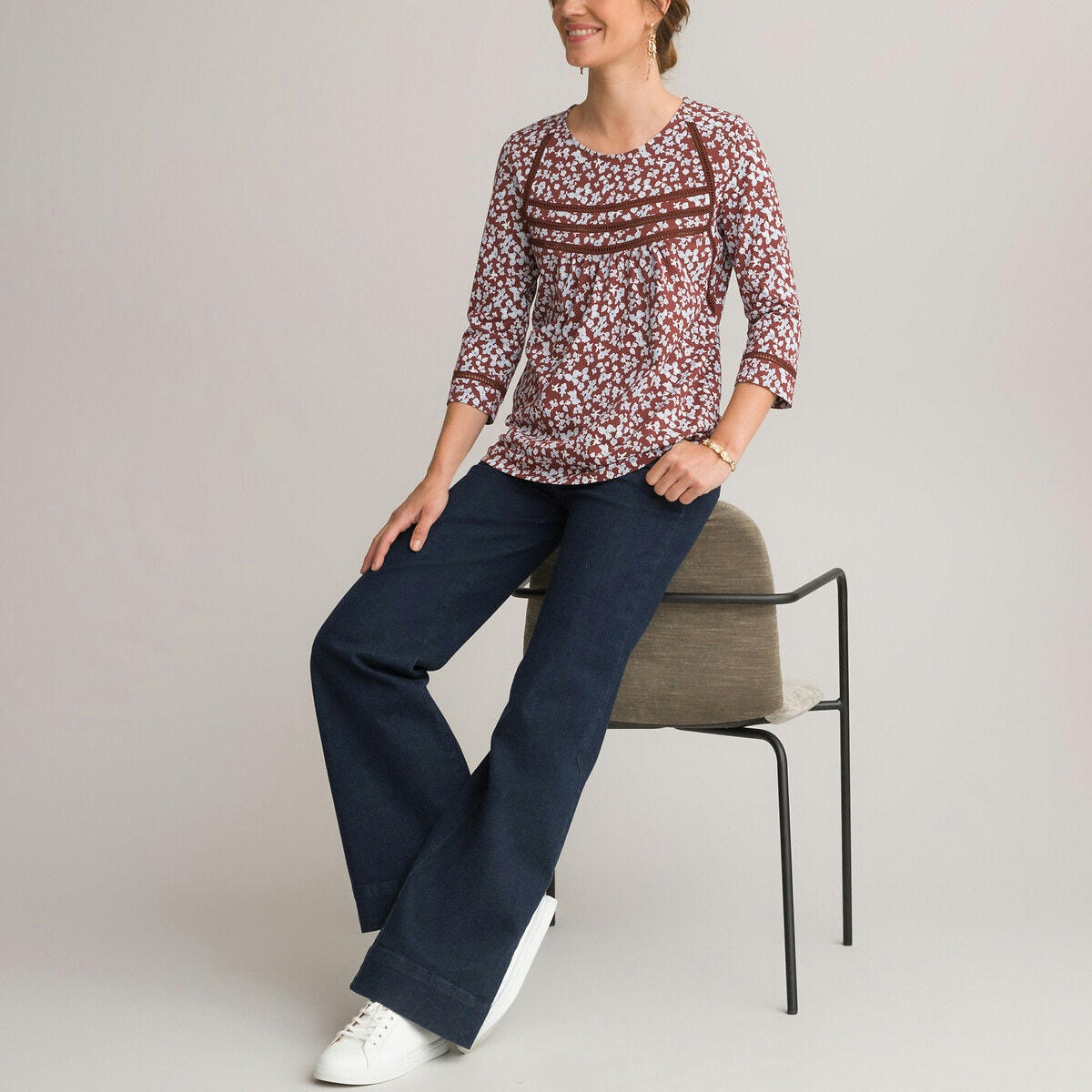 T-shirt imprimé floral, col rond, manches longues