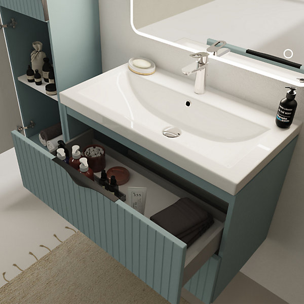 Meuble salle de bain strié - 80 cm - avec plan vasque - Vert fjord mat - à suspendre - Tirso