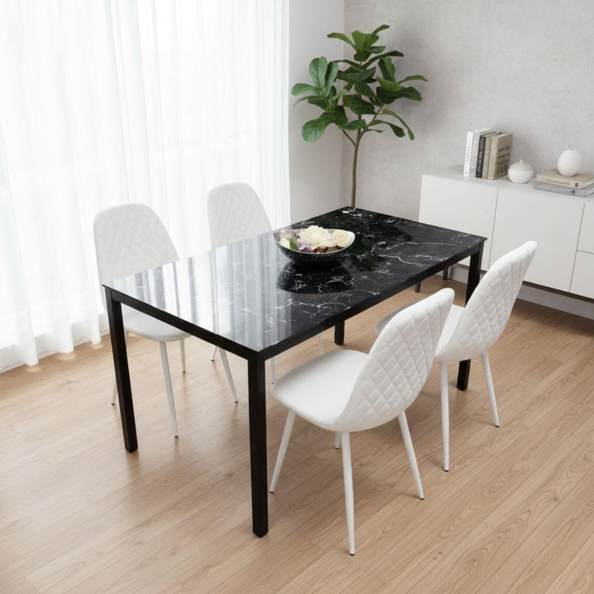 KOSY KOALA Black Marble Effect Dining Table with 4 White Gem Faux Leather Chairs