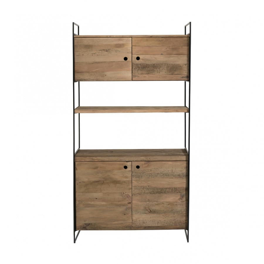 ANDREA - Bibliothèque 4 portes 1 égagère en pin recyclé naturel et métal noir