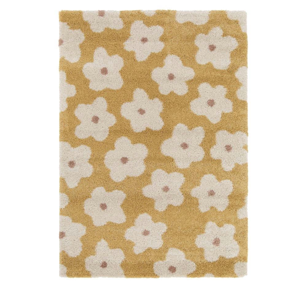 FLORA II - Tapis contemporain à motif floral jaune moutarde 120x170 cm
