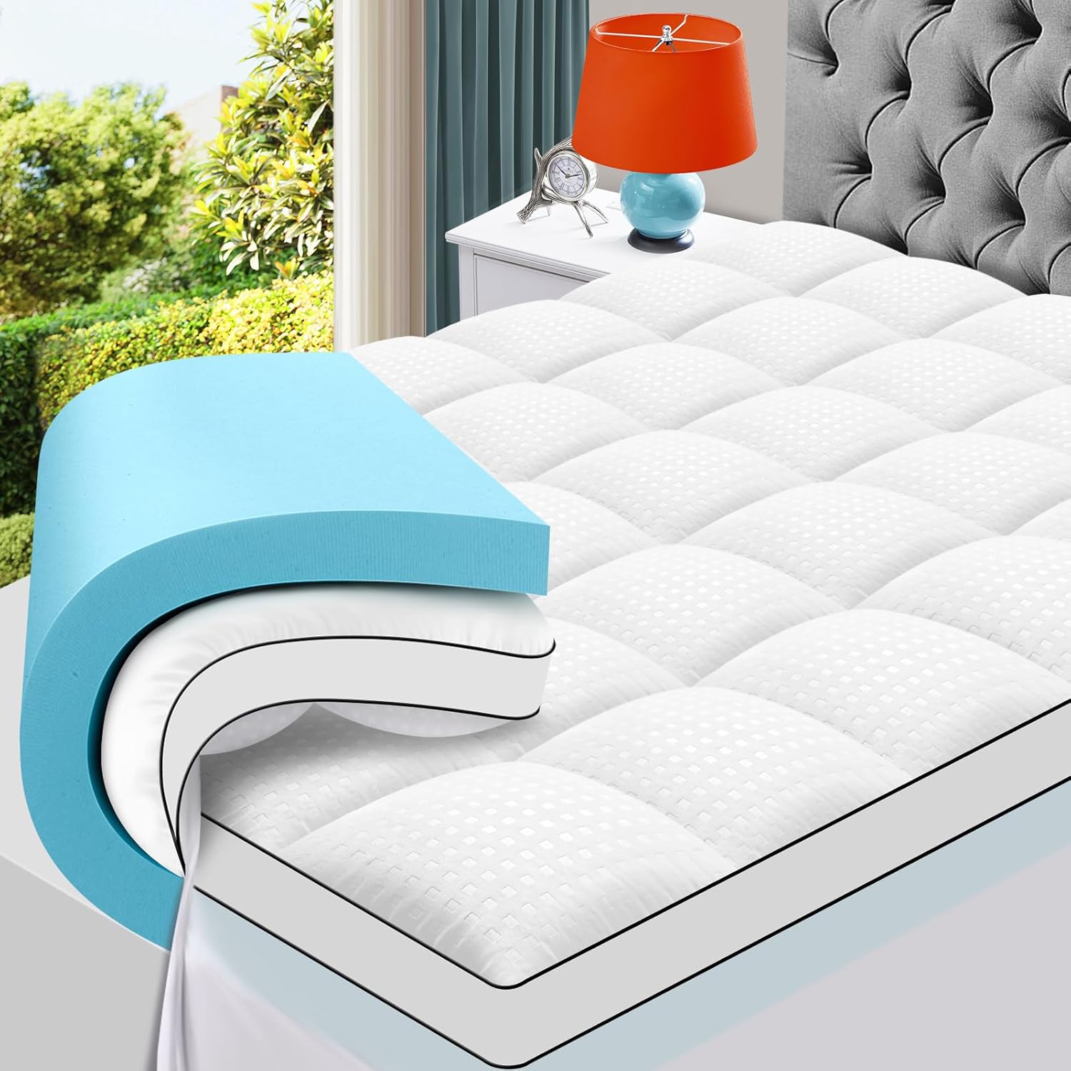 MASVIS King Size Dual Layer 4 Inch Memory Foam Mattress Topper, 2 Inch Gel Memory Foam and 2 Inch Cooling Pillow Top Mattress Pad Cover for Back Pain, Medium Support