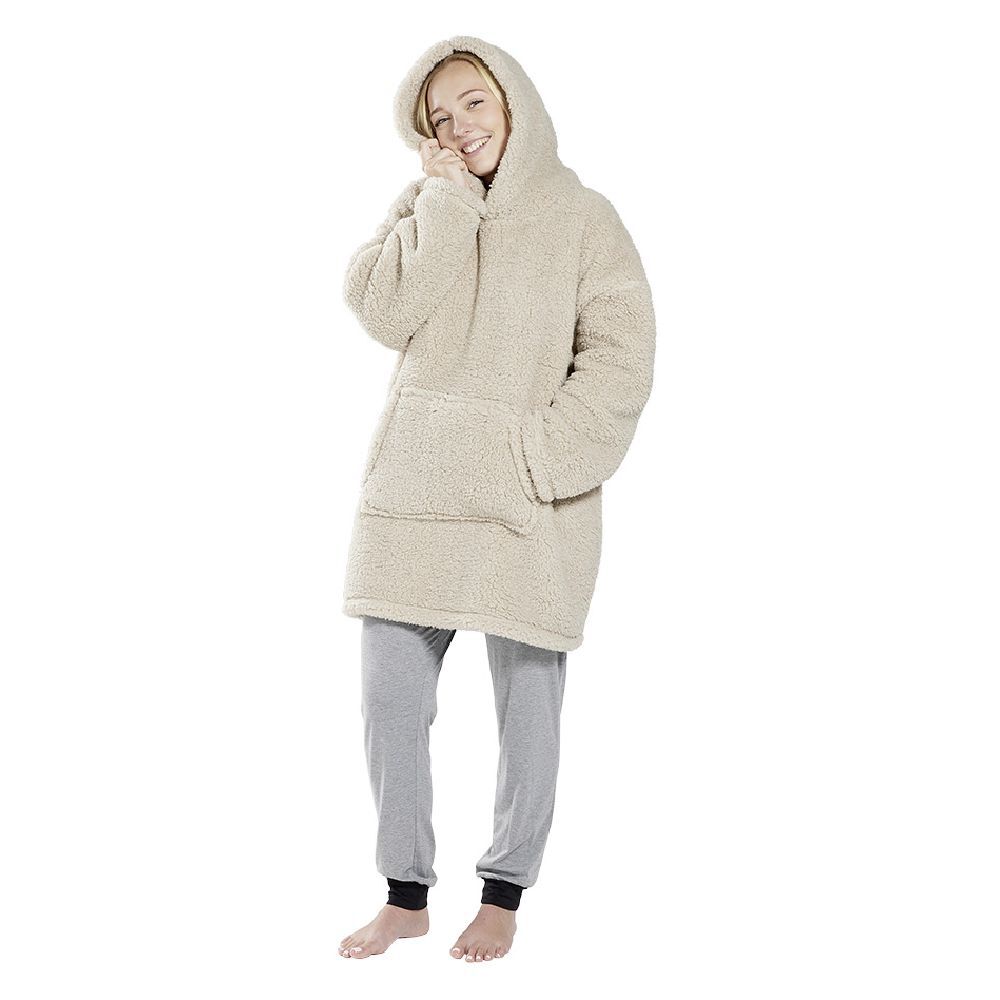 Pull plaid adulte polaire à capuche - beige ou blanc