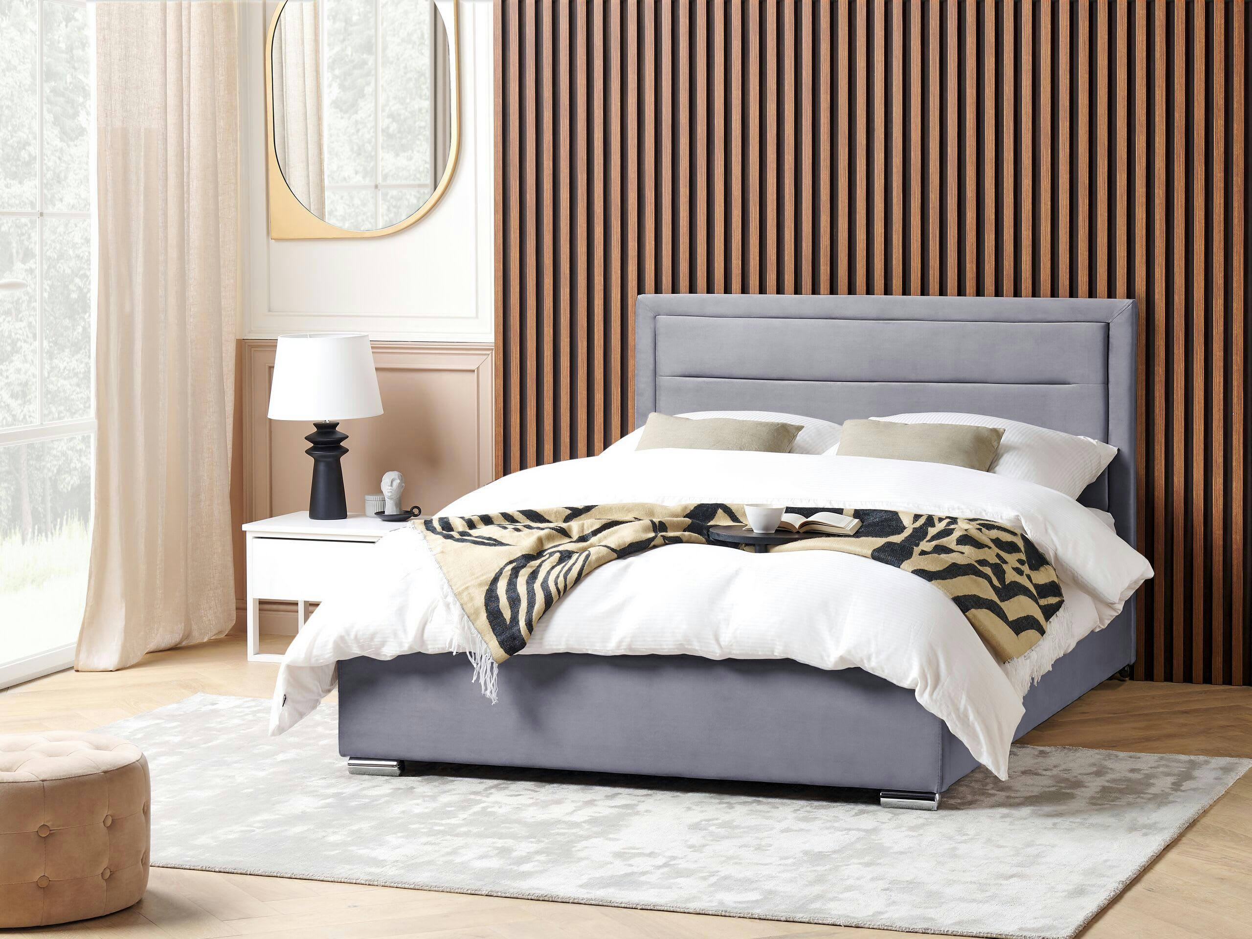 ROUEN - Lit double en tissu gris 160x200