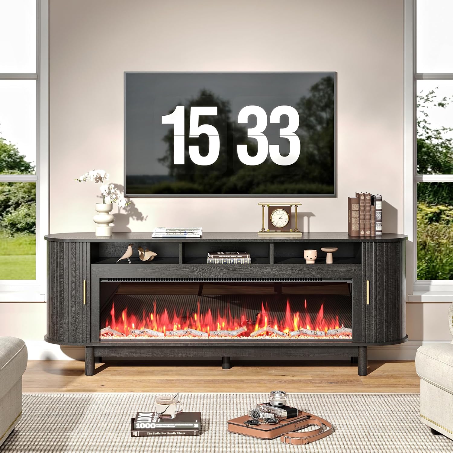 70 Inch Modern Fireplace TV Stand for TVs up to 80 inches, Mid Century TV Console with Solid Wood Legs, Sliding Doors & Curved Design,Media Console for Living Room, Black