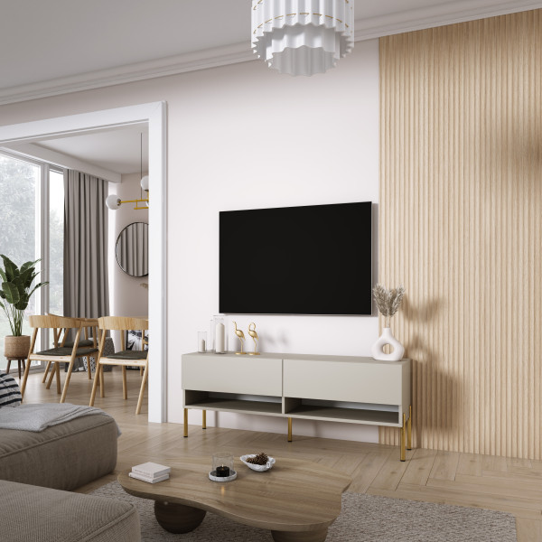 Szafka RTV Kaszmir, nogi proste złote, LED biały, 140 × 32 × 52 cm