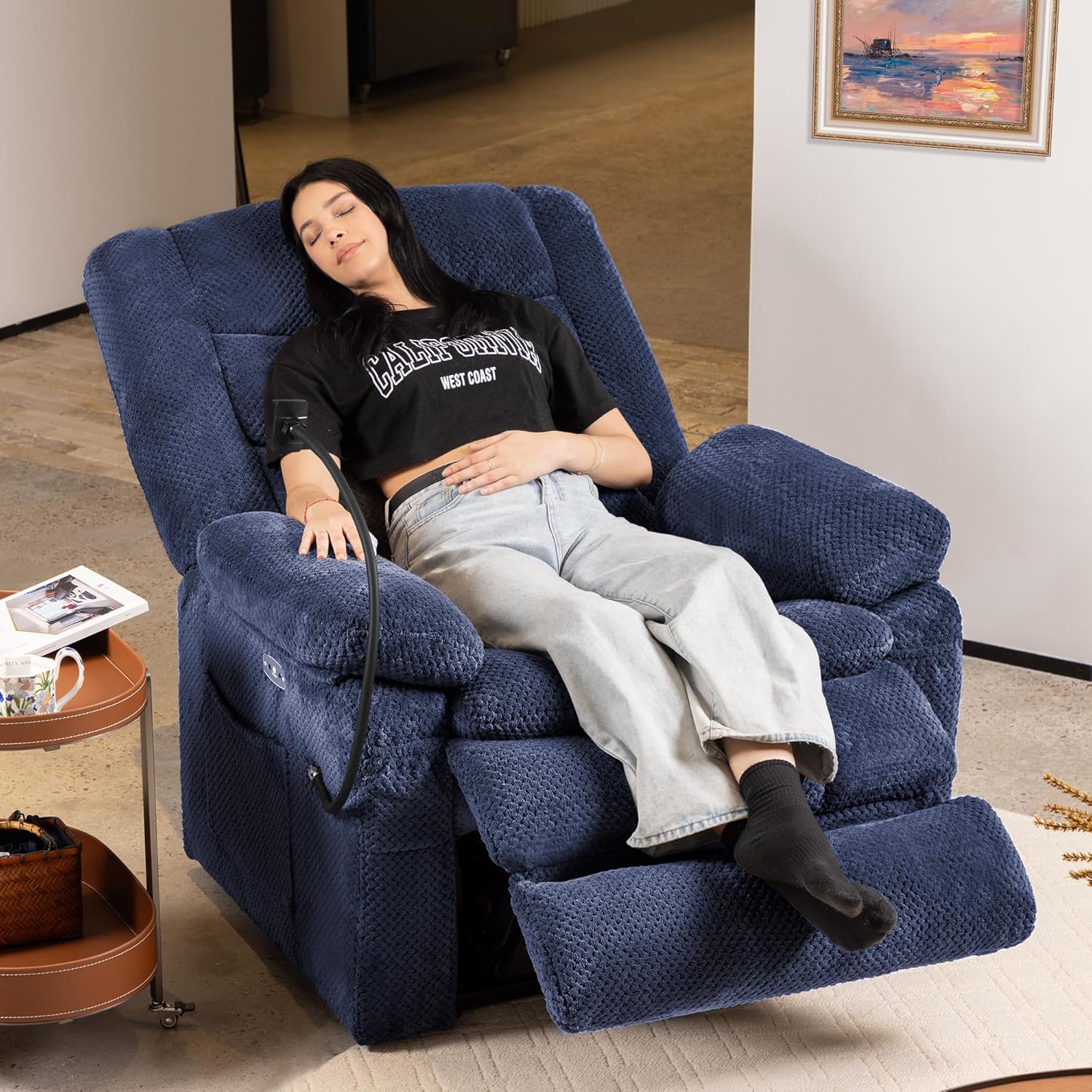Dual Motor Recliner Chair with Heat & Massage, Power Lift Recliner Chair for Elderly, Infinite Position, Cup Holder, Phone Holder, Detachable Armrest, USB & Type-C Ports, Pillow (Navy Blue, Large)