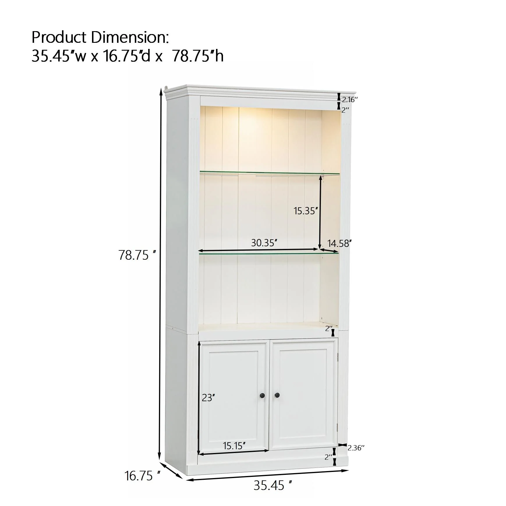 78.75Tall Display Shelves with 5 Colors Adjustable LED Ceiling Light, Retro-style Bookcases with Tempered Glass Shelves