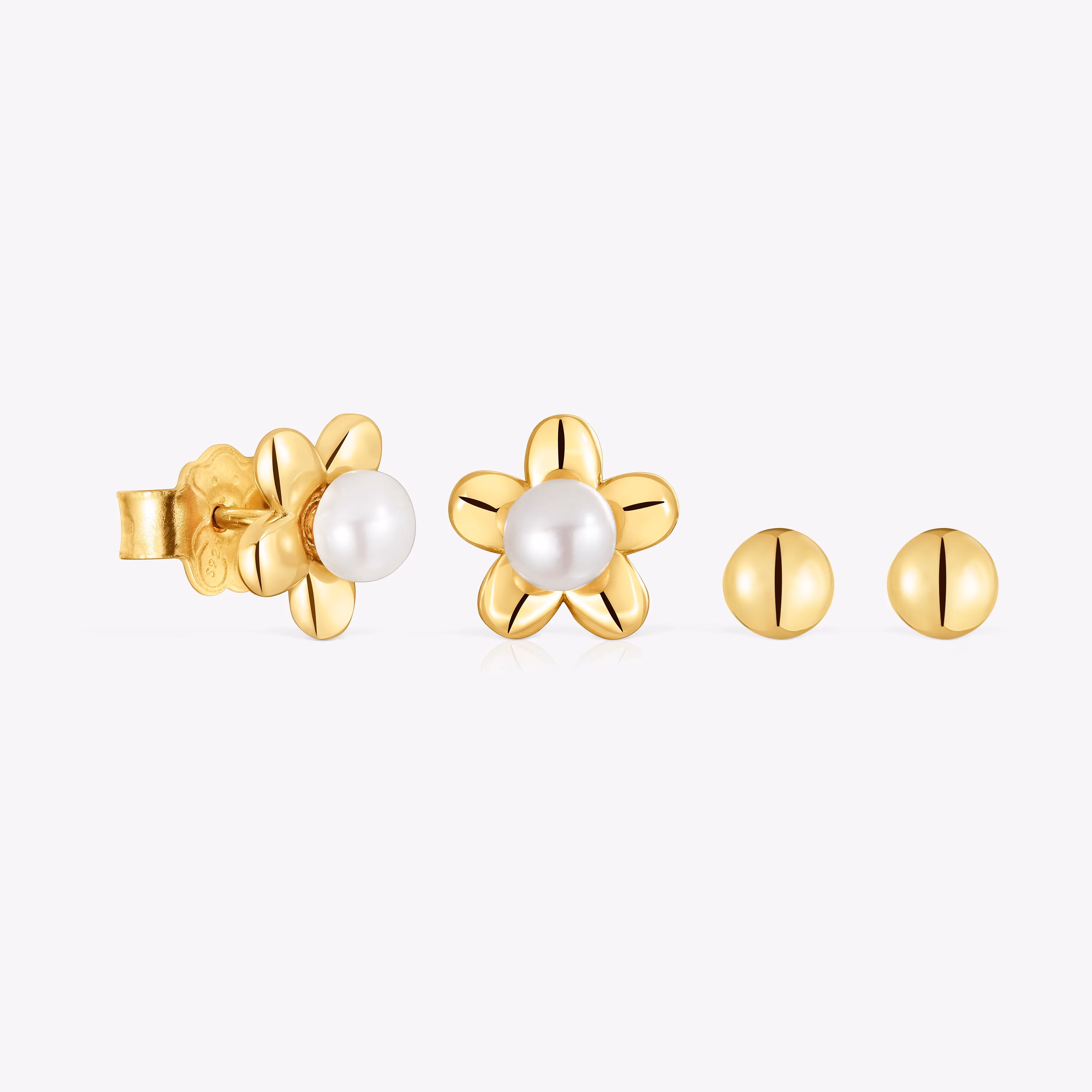 Pack de pendientes con baño de oro 18 kt sobre plata motivo flor y perlas cultivadas Virtual Garden