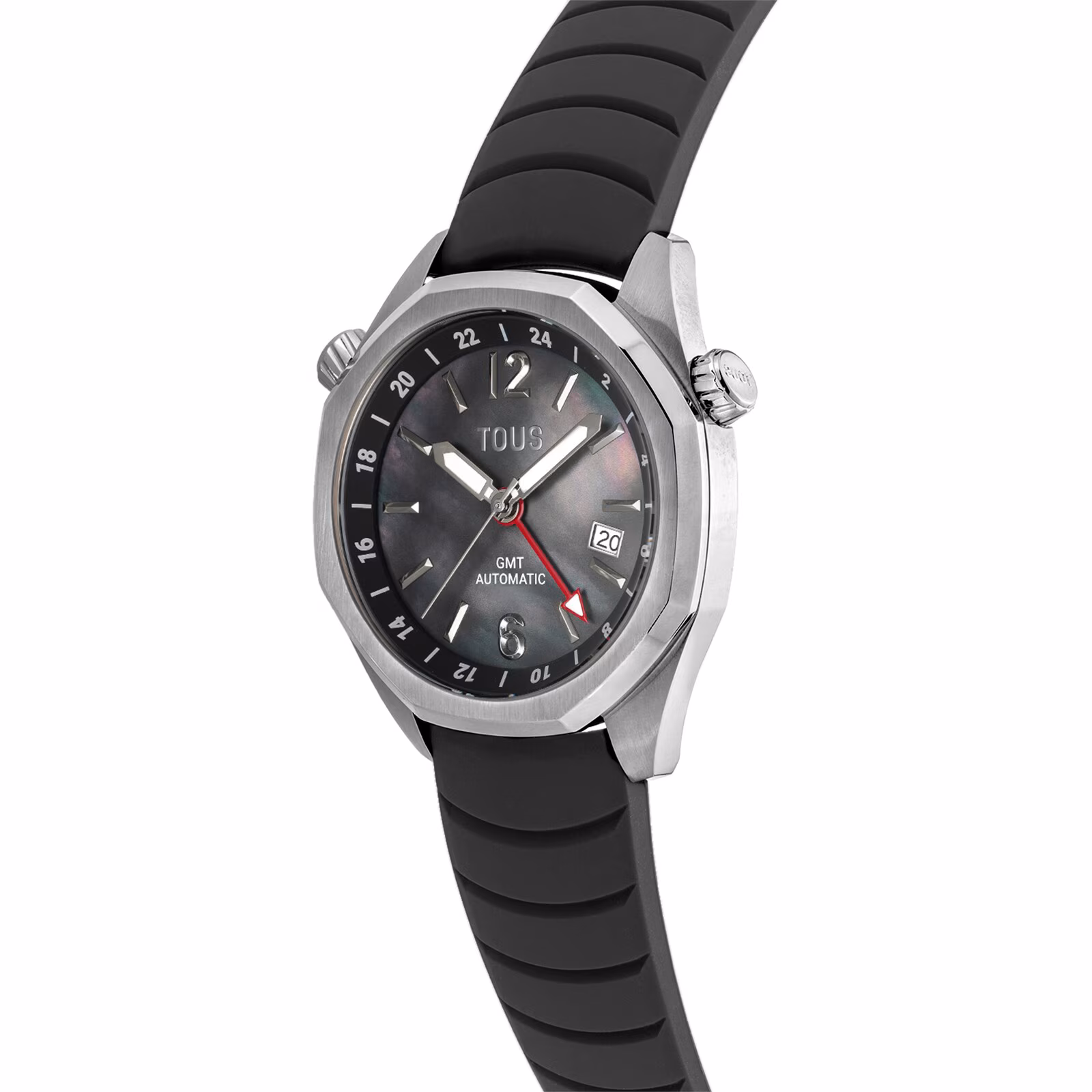 Reloj gmt automático con correa de silicona negra, caja de acero y esfera de nácar TOUS Now