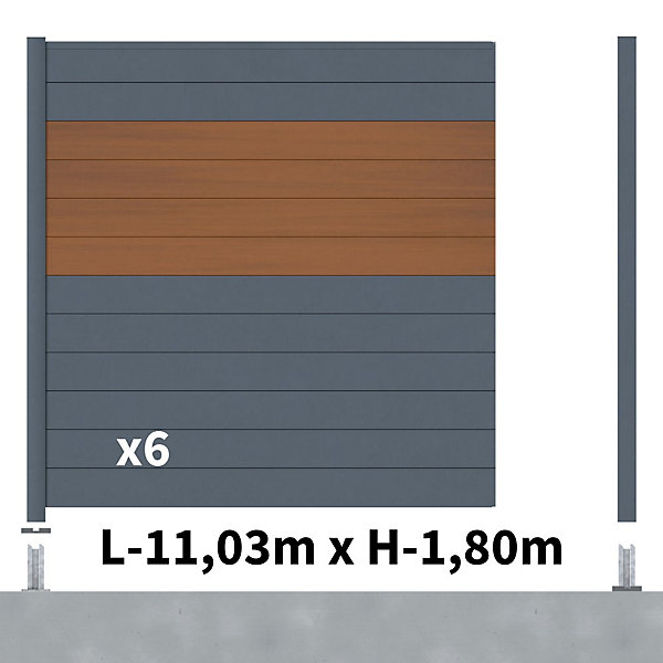 Kit Clôture Aluminium BAHIA &CRUZ Teck 11,03x1,8m - Aluminium et bois composite - Poteaux sur Platines gris - Occultation