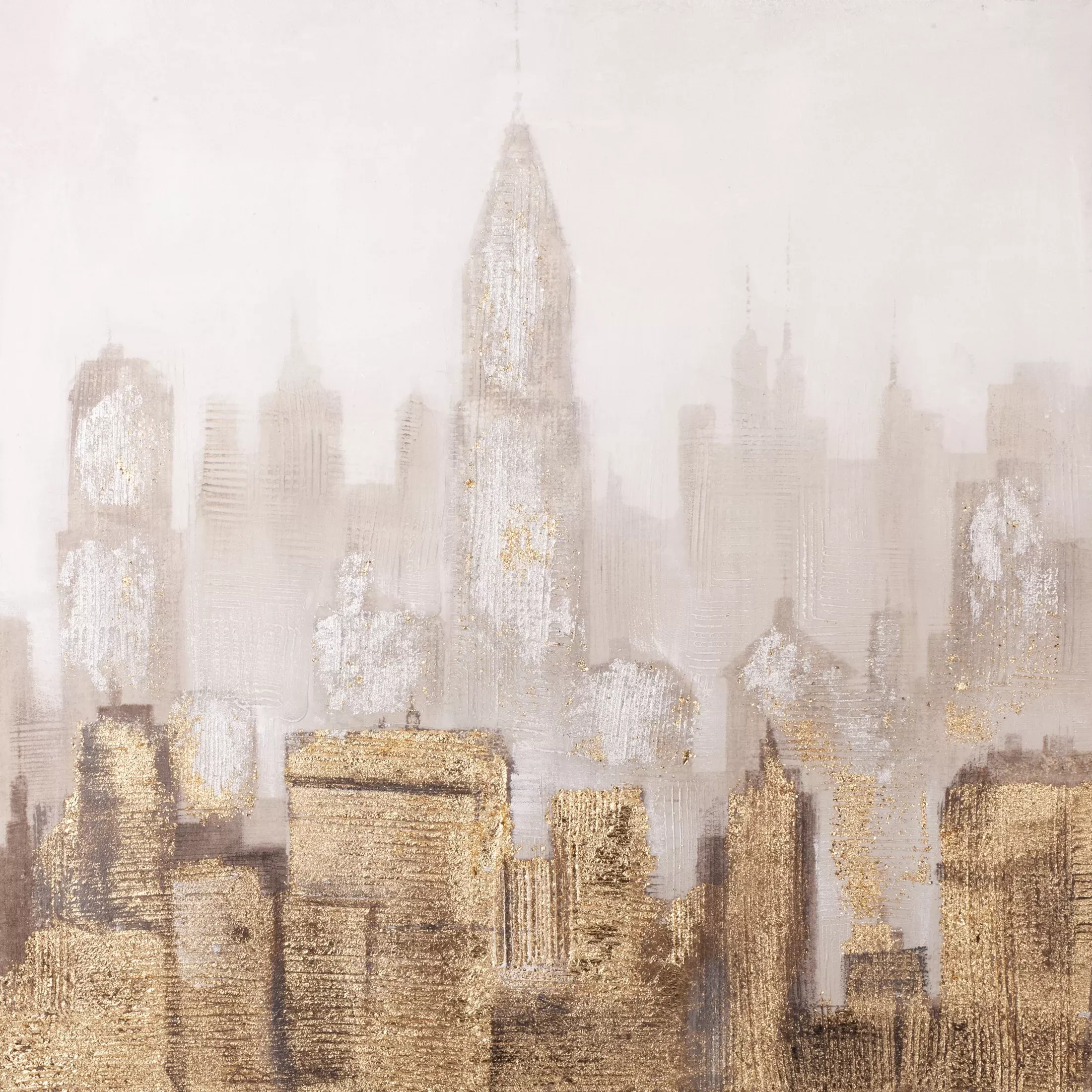 Obraz miasta beżowo, złoty ręcznie malowany na płótnie 80x80 cm METROPOLIS 1