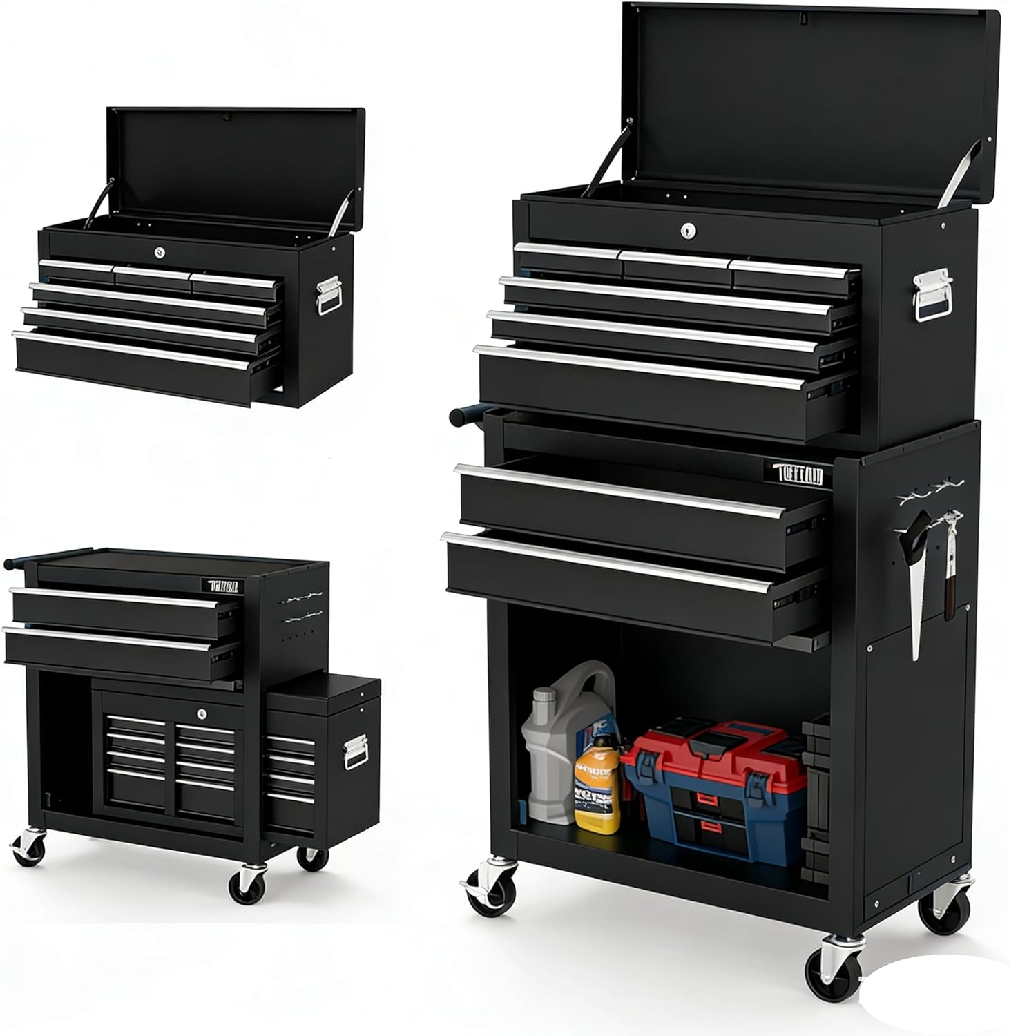 TUFFIOM 8-Drawer Rolling Tool Chest w/Lock, Tool Storage Cabinet w/Wheels, Detachable Top, Drawers & Drawer Liners, Tool Organizer Box for Garage, Warehouse & Repair Shop