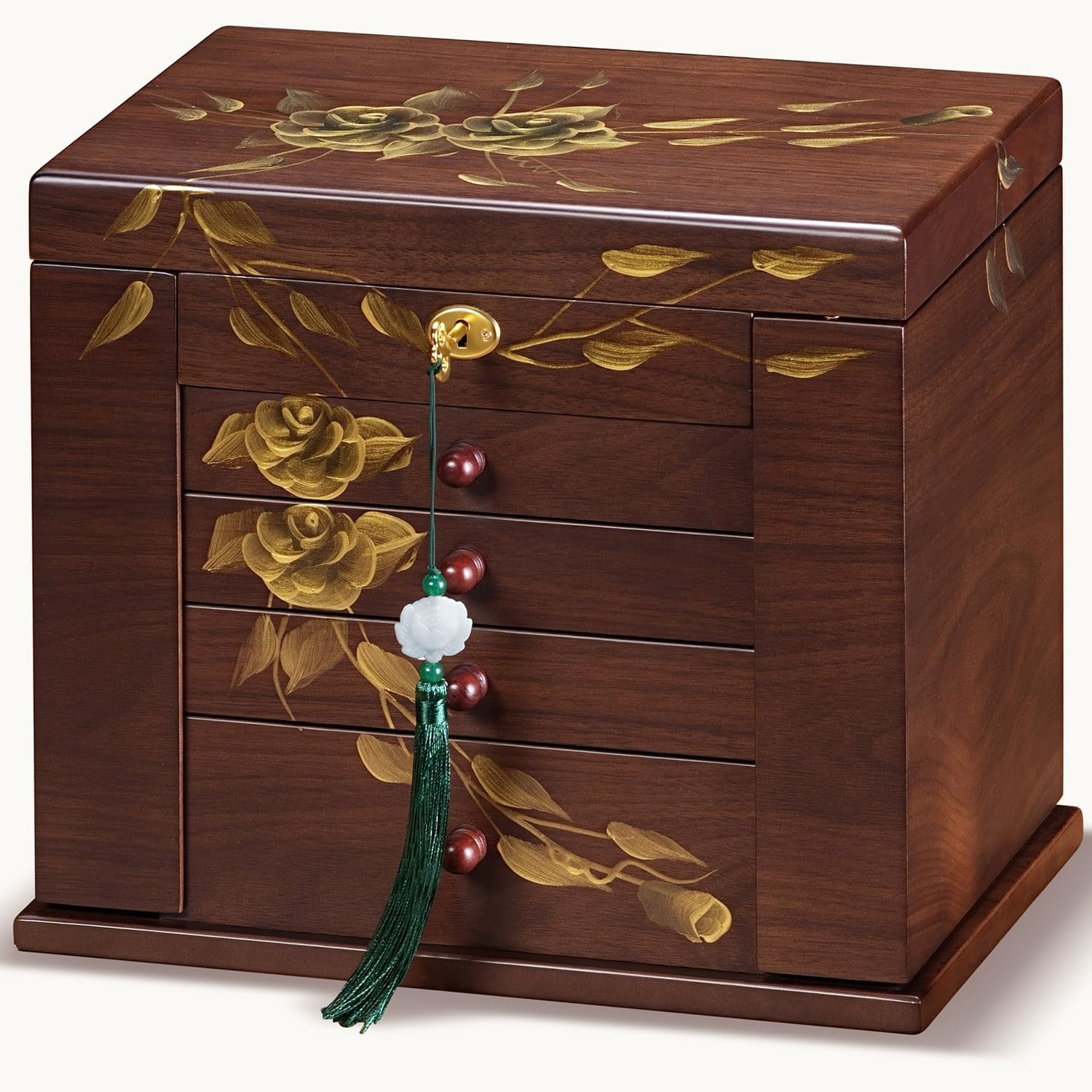 Hand-Painted rose Wooden Jewelry Boxes for Women - 8-Layer Large Lockable Jewelry Box with Compartments, Dresser Top Jewelry Organizer, Vintage Wooden Jewelry Storage
