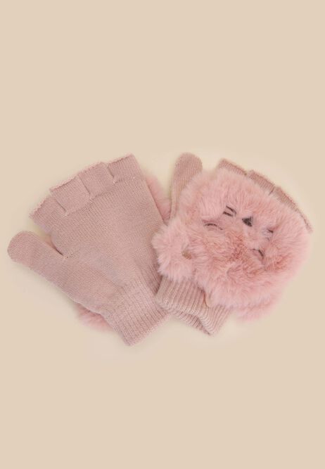 Younger Girls Pink Fluffy Cat Fliptop Gloves