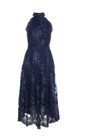 Quiz Blue Embroidered Dip Hem Dress