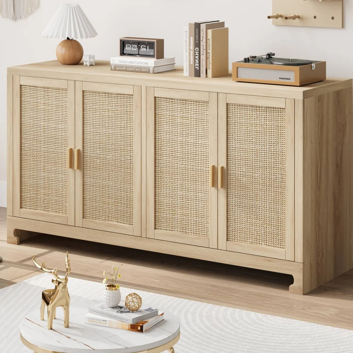 Rattan Buffet Storage Cabinet with 4 Doors and Shelf - N/A