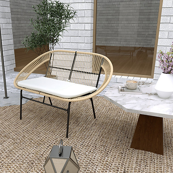 Banc de jardin 2 places style Acapulco coussin assise crème inclus résine filaire effet rotin