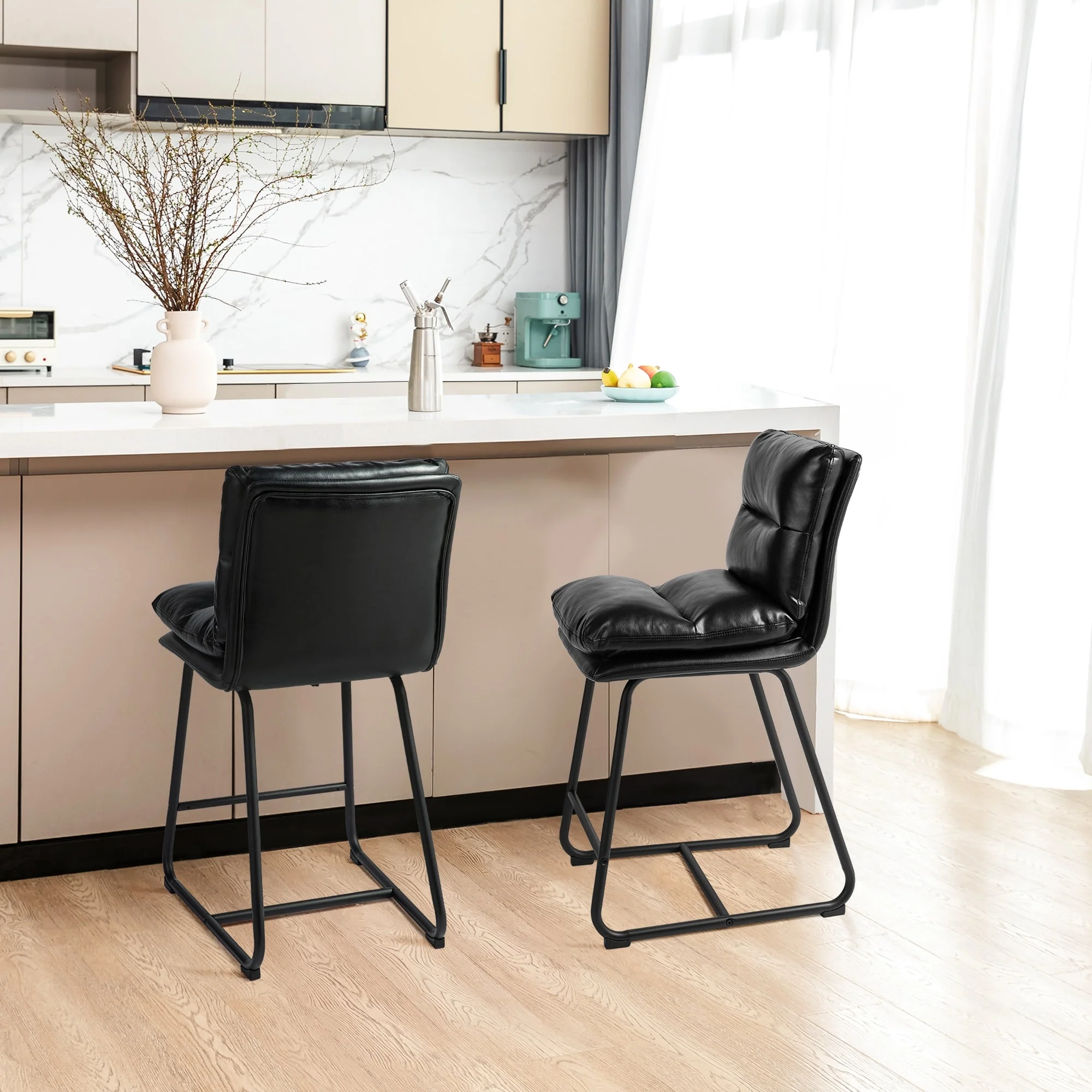 Glitzhome Set of 2 Modern Faux Leather Soft Springy Metal Legs Counter or Bar Stools