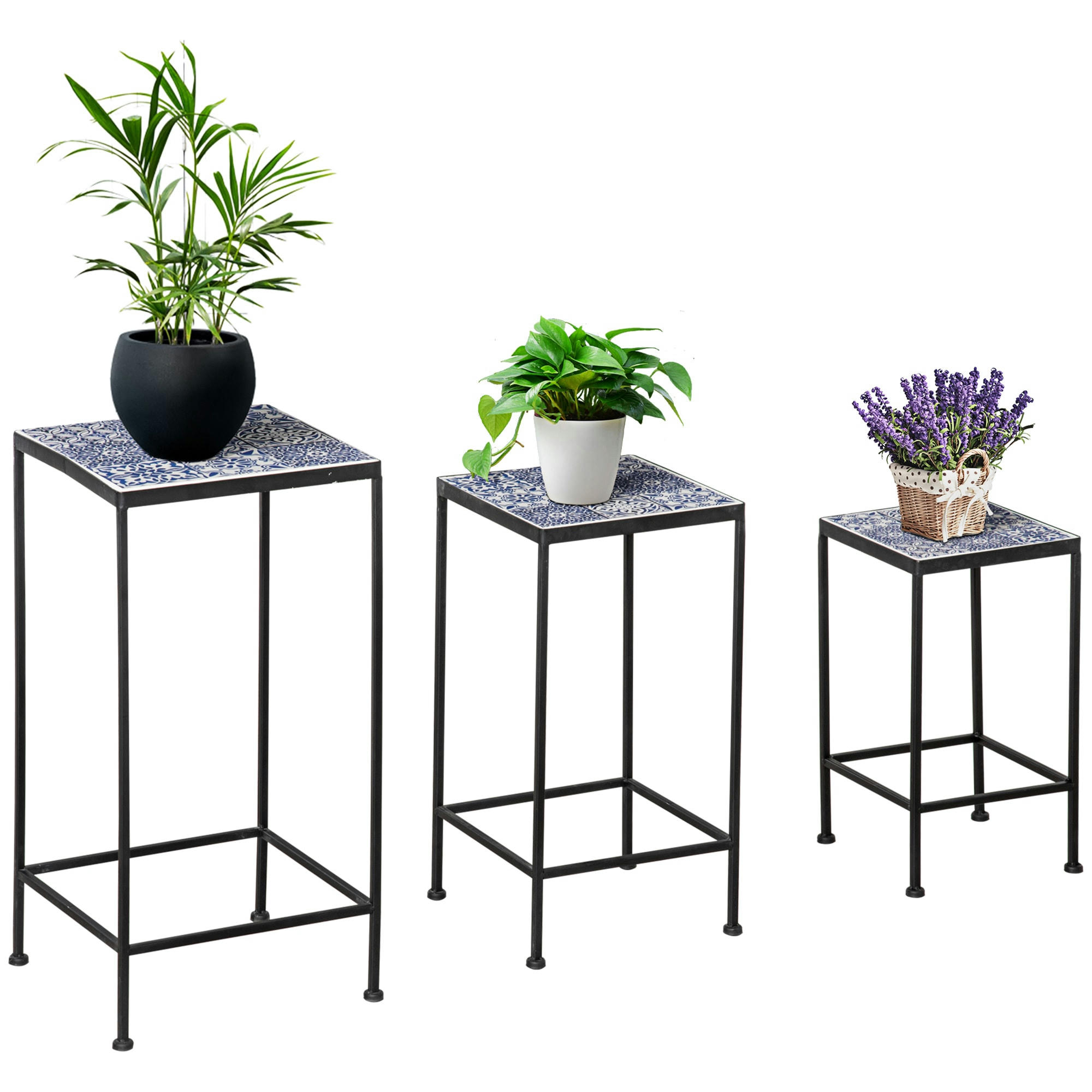 - Support pots de fleurs 3 pièces métal plateau carreaux céramique bleu