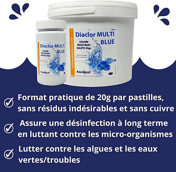 Chlore Multi Blue Pastilles de 20g Multifonctions - Traitement Tout-en-Un - Désinfectant, Algicide, Stabilisant, Clarifiant 1KG