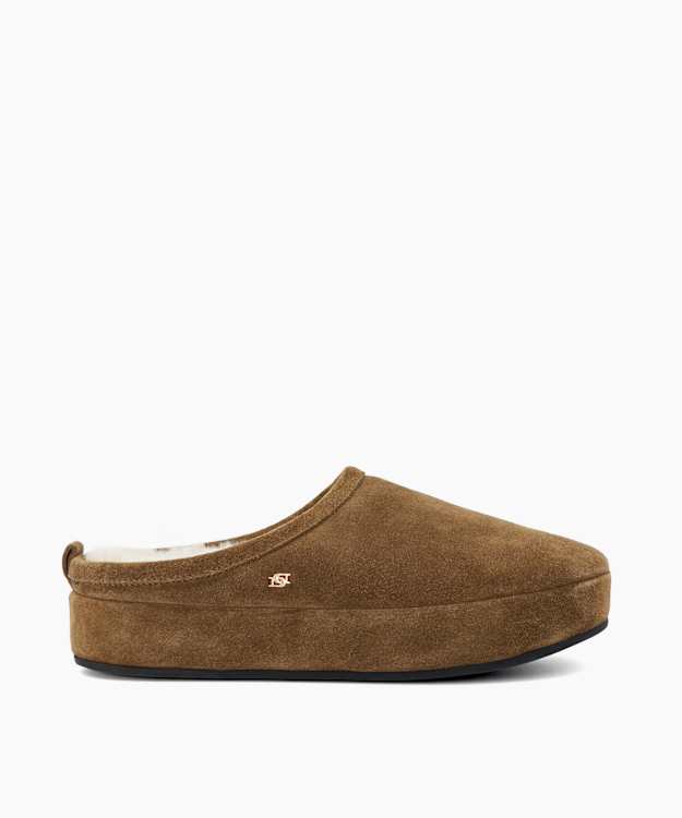 Warming Khaki - Suede-Faux Shearling Flatform Slippers