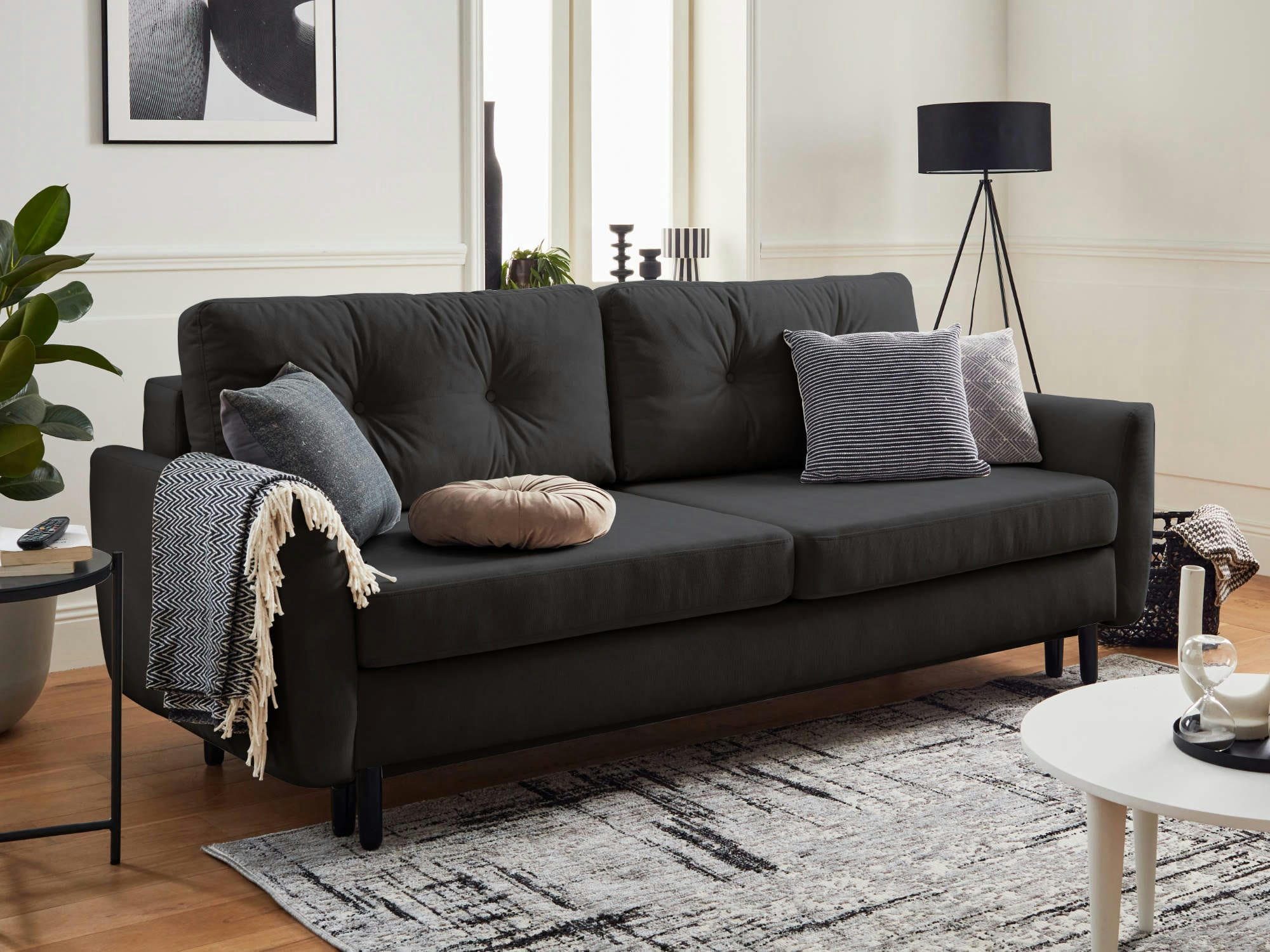 NILS - Canapé droit convertible 3 places en velours gris