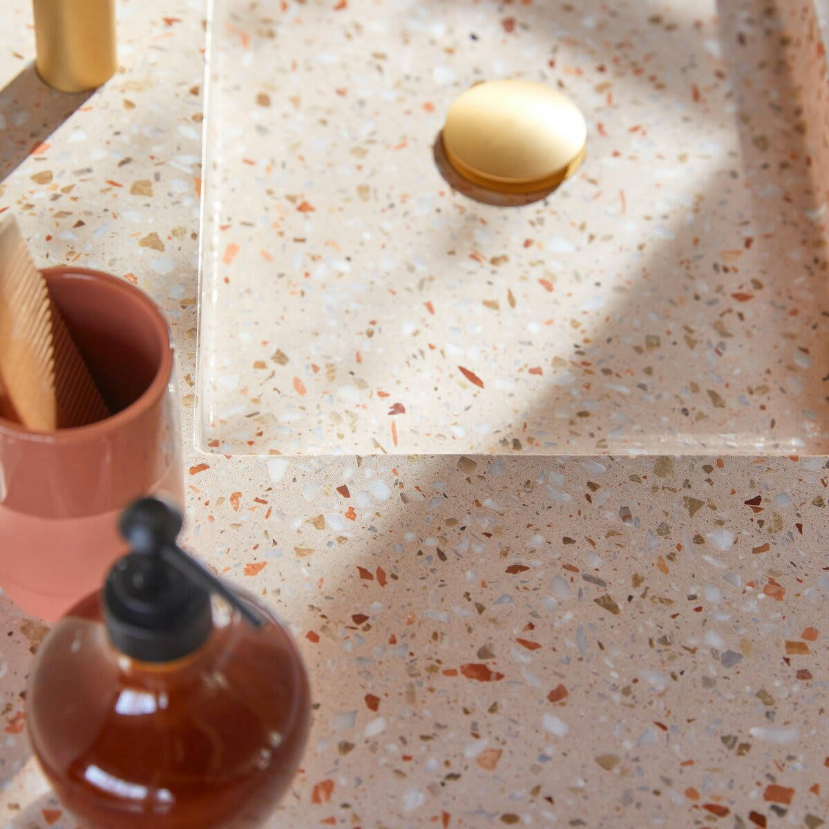 EDGAR - Meuble Salle de Bain en teck massif et terrazzo premium Pink 120 cm