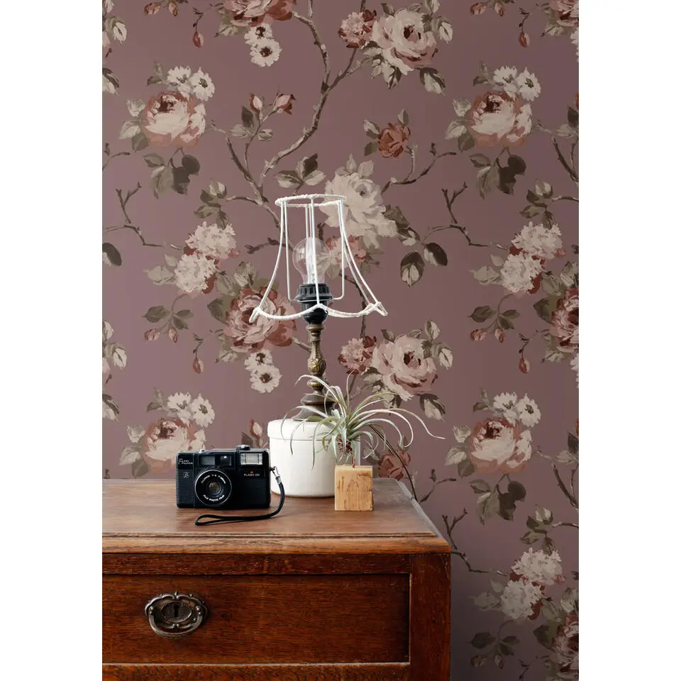 ESTAhome behang vintage bloemen aubergine paars - 53 cm x 10.05 m