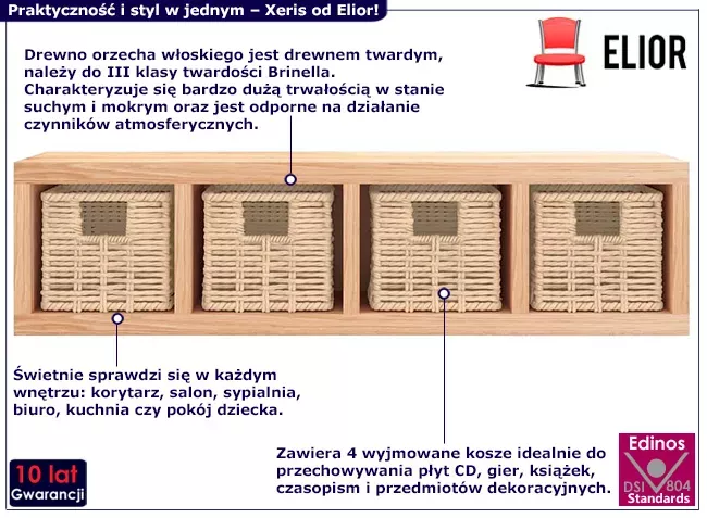 Drewniana półka ścienna z 4 koszami - Nalo