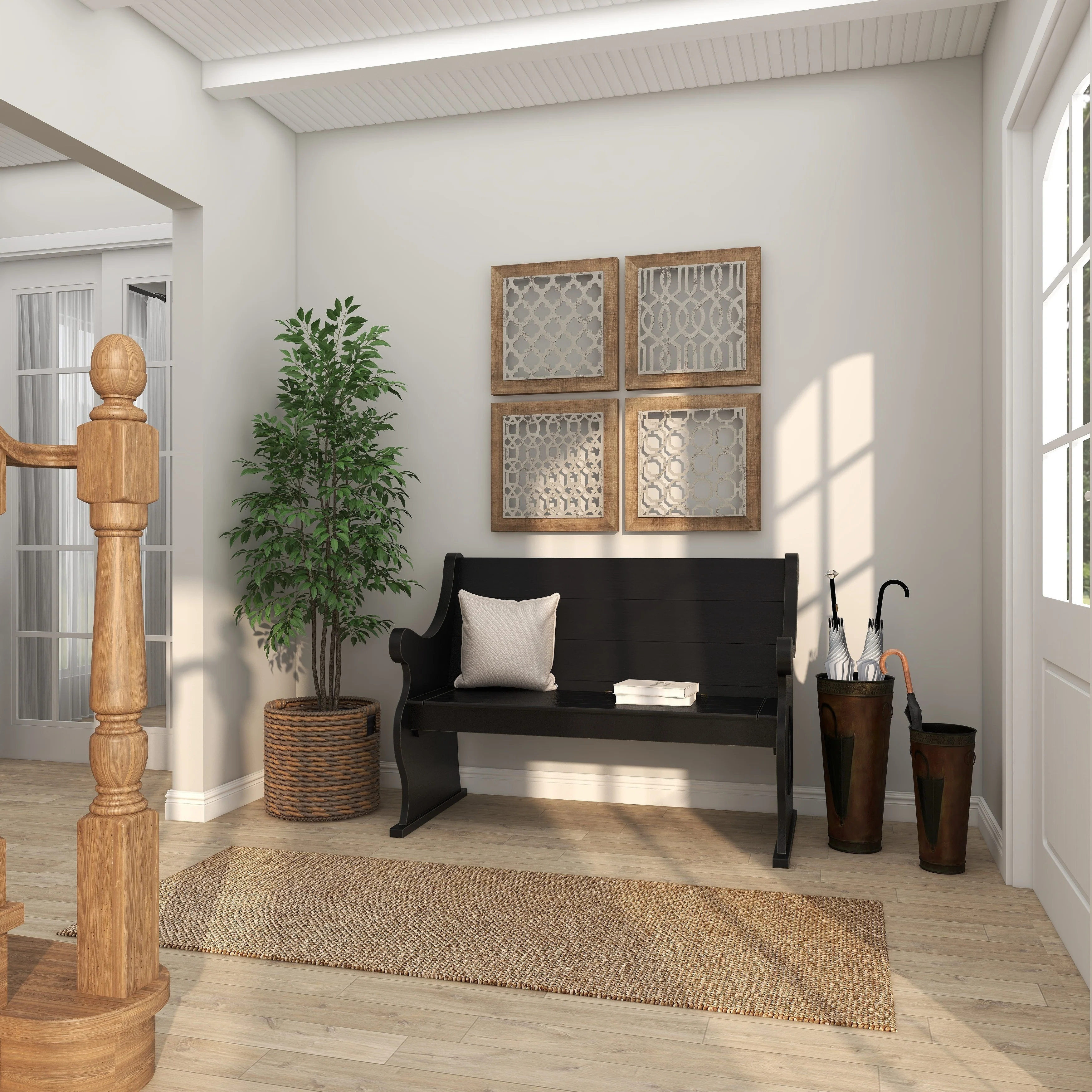 21, 16 Inch Metal Umbrella Stands, Engraved Artwork, Set of 2, Antique Brown, Black