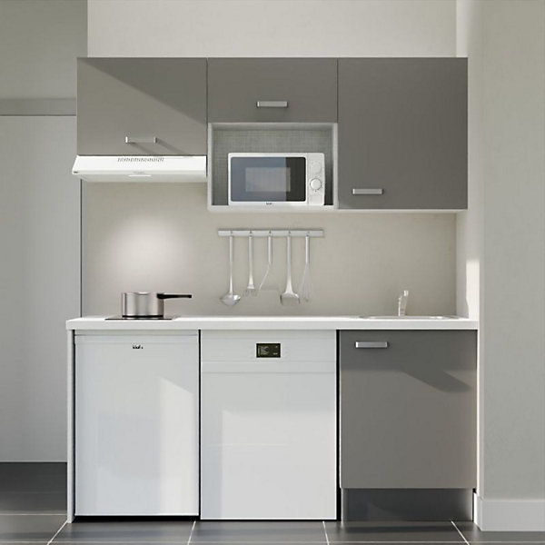 Kitchenette K55 - 180 cm - Façades : Gris - Plan de travail : Blanc - Crédences : Non - Evier