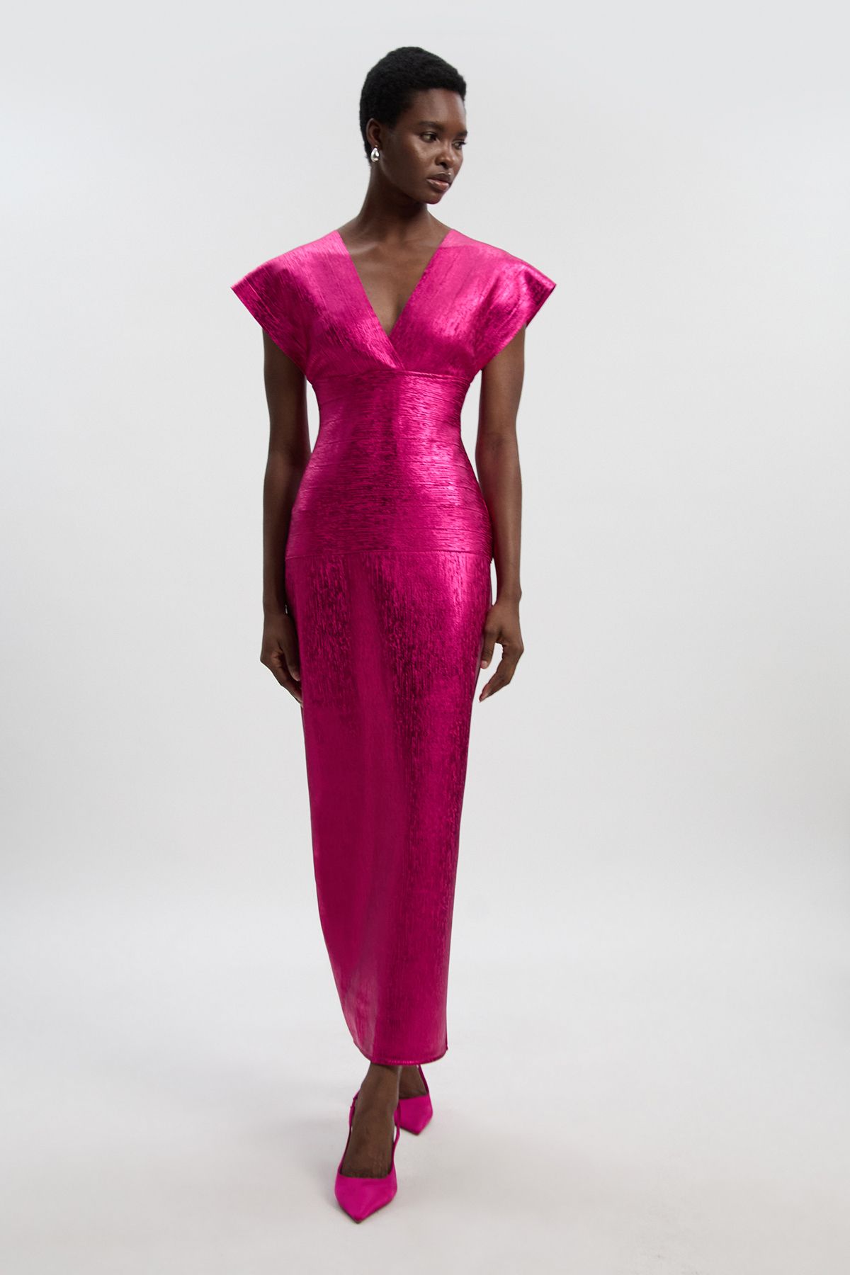 KarenMillen Foil Metallic Figure Form Bandage Angel Sleeve Knit Maxi Dress