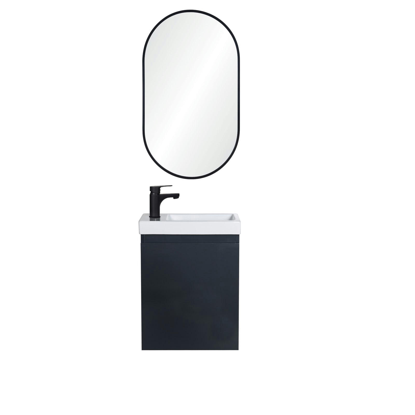 LISA - Meuble lave-mains  gris anthracite + robinet noir + miroir ovale